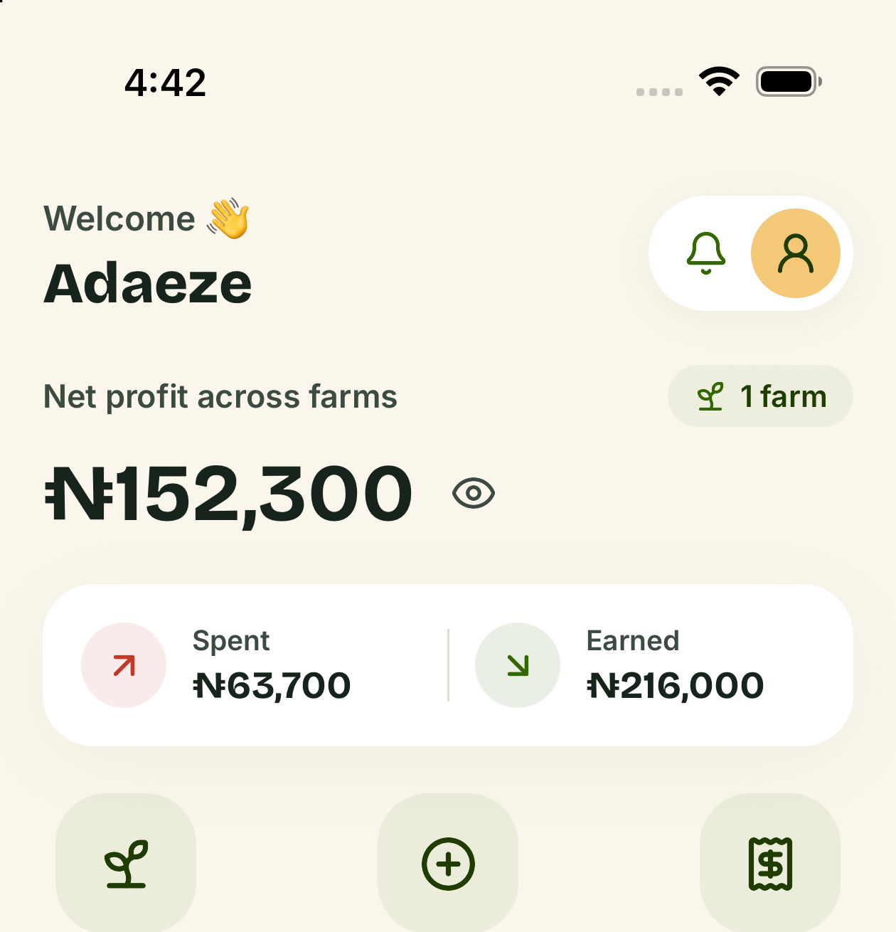 famaPro home dashboard showing net profit across farms